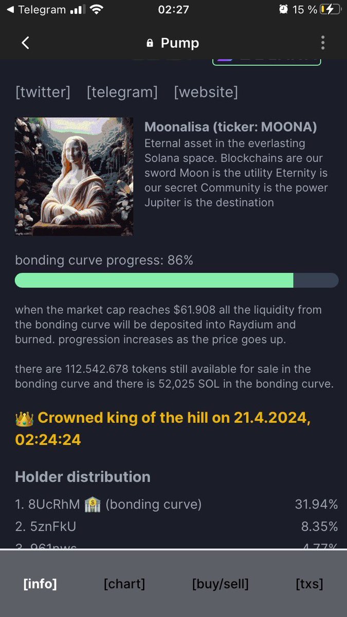 Ace6x_eth's tweet photo. @IcedKnife king of the hill 4-5hours after launch @moonalisaSOL $MOONA https://t.co/BM8fouFeN1