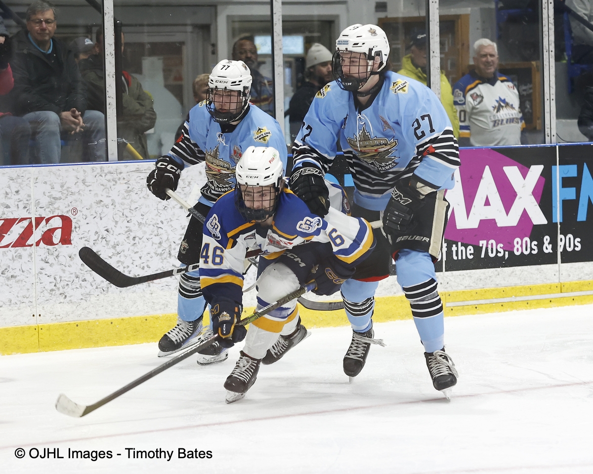 The Collingwood Blues take game two by a score of 4-0 and now lead the series 2-0. @CwoodBluesJrA @OJHLGoldenHawks @ojhlofficial @ojhlimages @cjhlhockey @OHAhockey1 @HockeyCanada #postseason #Bucklandcup #Championship #leagueofchoice #Nutrafarms
