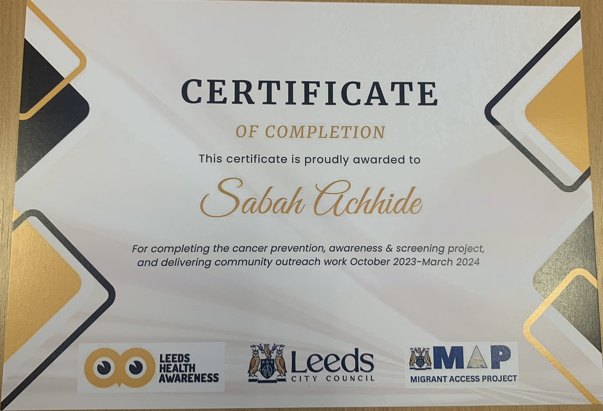 Congratulations 🎉🎉🎉 Certificate awarded to Sabah Achhide for completing the cancer prevention, awareness & screening project, and delivering community outreach work October 2023-March 2024