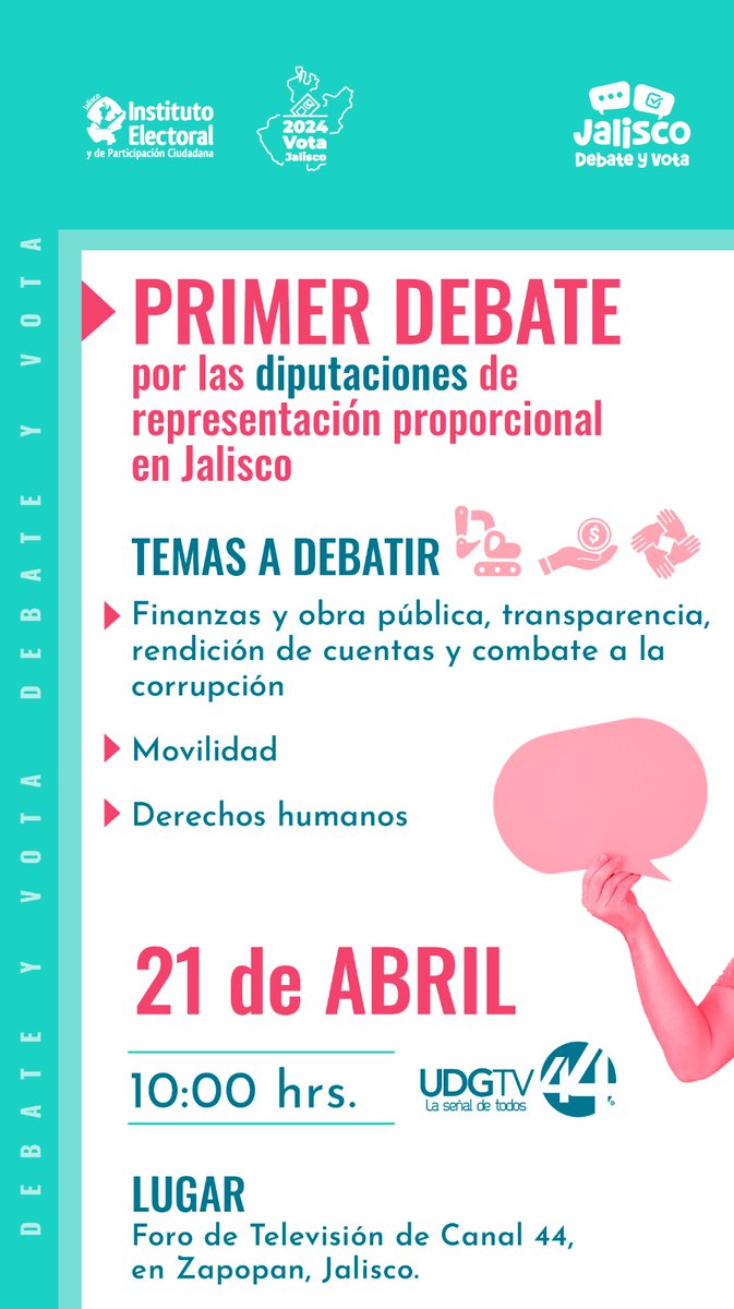 PRamirezHohne's tweet photo. ¡Es hoy! Primer debate por diputaciones de representación proporcional de #Jalisco.
Temas: finanzas, obra pública, transparencia, combate a la corrupción, movilidad
¡No te lo pierdas!
⏰10:00 horas
📺Canal 44 @CANAL44TV, redes @iepcjalisco 
#EleccionesJalisco2024 #DebatesJalisco https://t.co/OqCAoTs33n