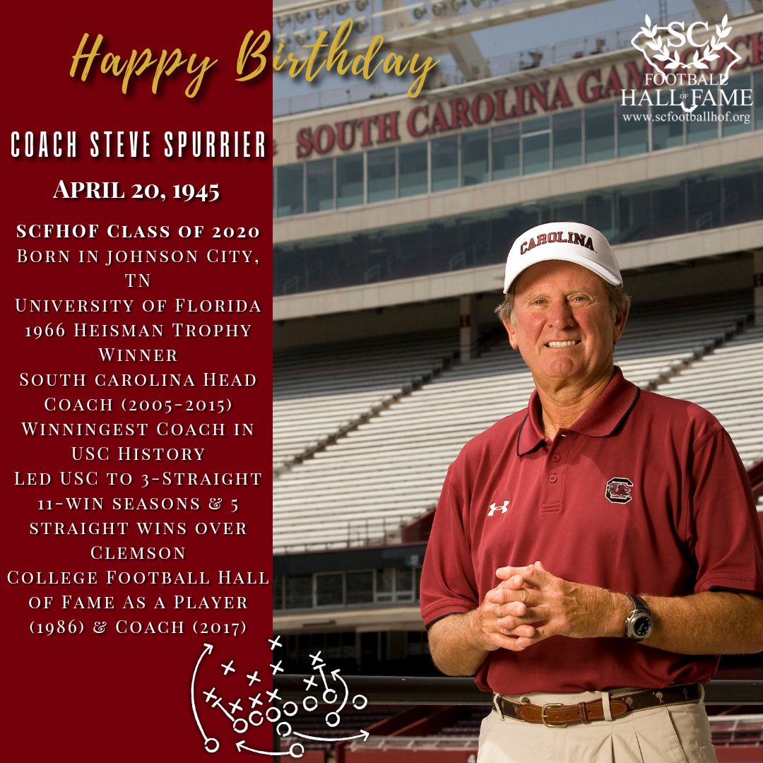 SCFootballHOF's tweet image. Happy Birthday to #SCFHOF20 Inductee @SteveSpurrierUF!!! Have a great day Coach! @GamecockFB 🤙🏻scfootballhof.org/inductees/indu…