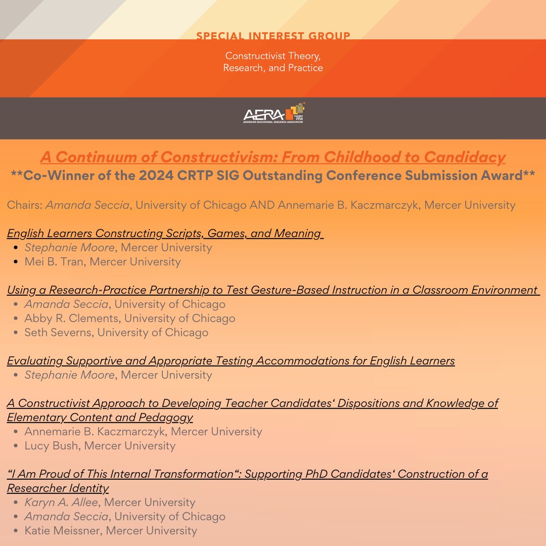 AERA_CTRP_SIG's tweet photo. Congratulations to our tied winners of the Outstanding Conference Submission Award. Plaques were given to the symposium leaders, and certificates were given to each participating paper. All recipients are welcoming to inquiries about their work. #ctrp #constructivistdoitbest https://t.co/wjHzXAE8FK