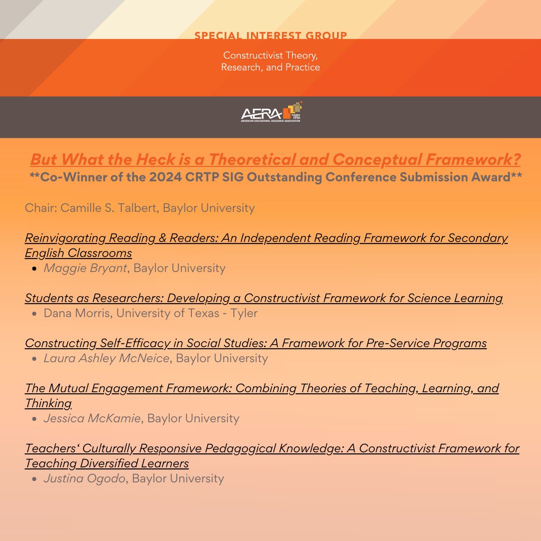 AERA_CTRP_SIG's tweet photo. Congratulations to our tied winners of the Outstanding Conference Submission Award. Plaques were given to the symposium leaders, and certificates were given to each participating paper. All recipients are welcoming to inquiries about their work. #ctrp #constructivistdoitbest https://t.co/wjHzXAE8FK