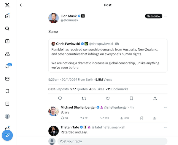 Musk getting censorship demands from Australia and NZ, Rumble too. Facebook and mainstream and corporate media already heavily censoring. Thin end of the wedge