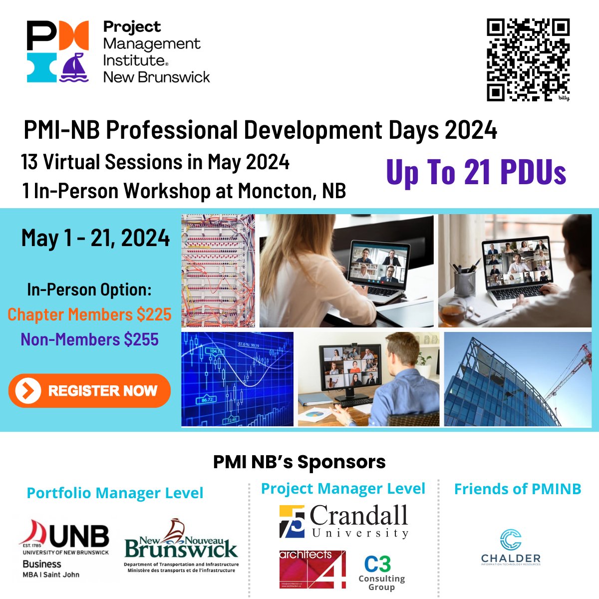 Only 10 Days Until PMI-NB PD Days 2024 Begins! 🌟 Join us 
1️⃣ Virtually: Enjoy thirteen sessions in May, including two virtual keynotes 
 2️⃣ In-person: Full-day workshop in Moncton on May 21st.

REGISTER NOW: bit.ly/pdday-register

#PDdays2024 #PMINB #PMlearning #EarnPDU