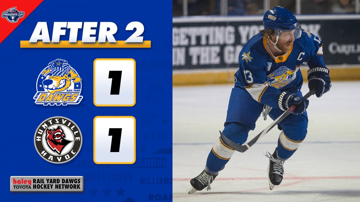 Everything to play for after 40. 👏 Roanoke and Huntsville are tied 1-1 after two periods. The Havoc outshot the Dawgs 8-2 in the first 15 minutes of that period, but the Dawgs registered the final eight shots on goal of the frame. COME ON DAWGS!! 👊