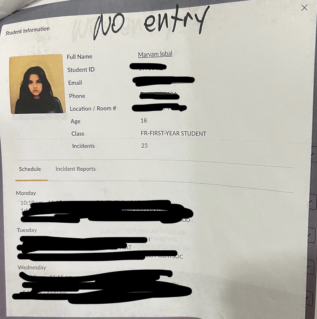 Barnard College/Columbia University security release the photos of Isra Hirsi, daughter of antisemitic Congresswoman Ilhan Omar, and Maryam Iqbal titled “NO ENTRY” after both women have been suspended due to their radical activities on campus.