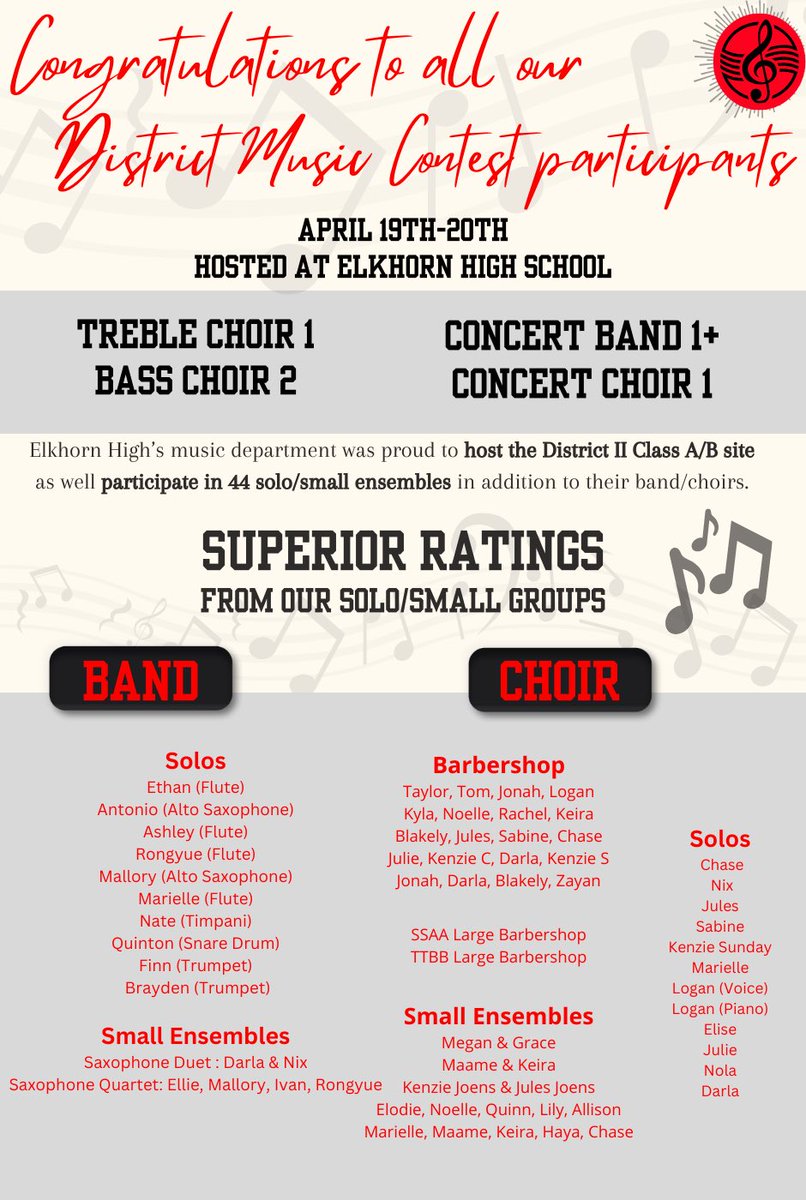 Elkhorn High (EHS) Vocal Music (@ehsings) on Twitter photo We celebrate a weekend full of hosting & music-making, one of our busiest & favorite weeks of the year!
Proud of our young musicians for their commitment & growth in the District Music Contest process!
We love our EHSingers & <a href="/EHSAntlerBands/">Elkhorn High (EHS) Bands</a>! We celebrate a weekend full of hosting & music-making, one of our busiest & favorite weeks of the year!
Proud of our young musicians for their commitment & growth in the District Music Contest process!
We love our EHSingers & <a href="/EHSAntlerBands/">Elkhorn High (EHS) Bands</a>!