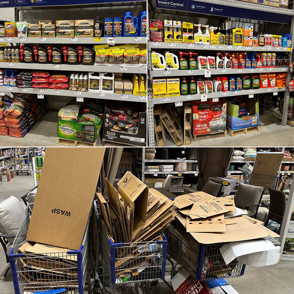 lenny0746's tweet image. Did a little ASM cardboard challenge on 2 bays of the chemical wall and came away with 3 shopping carts of cardboard. @JBBailey9 @BenitoKomadina @mickm142 @MichelleD454 @Lowes #cardboardchallenge 

Side note: floor location will be filled after closing.