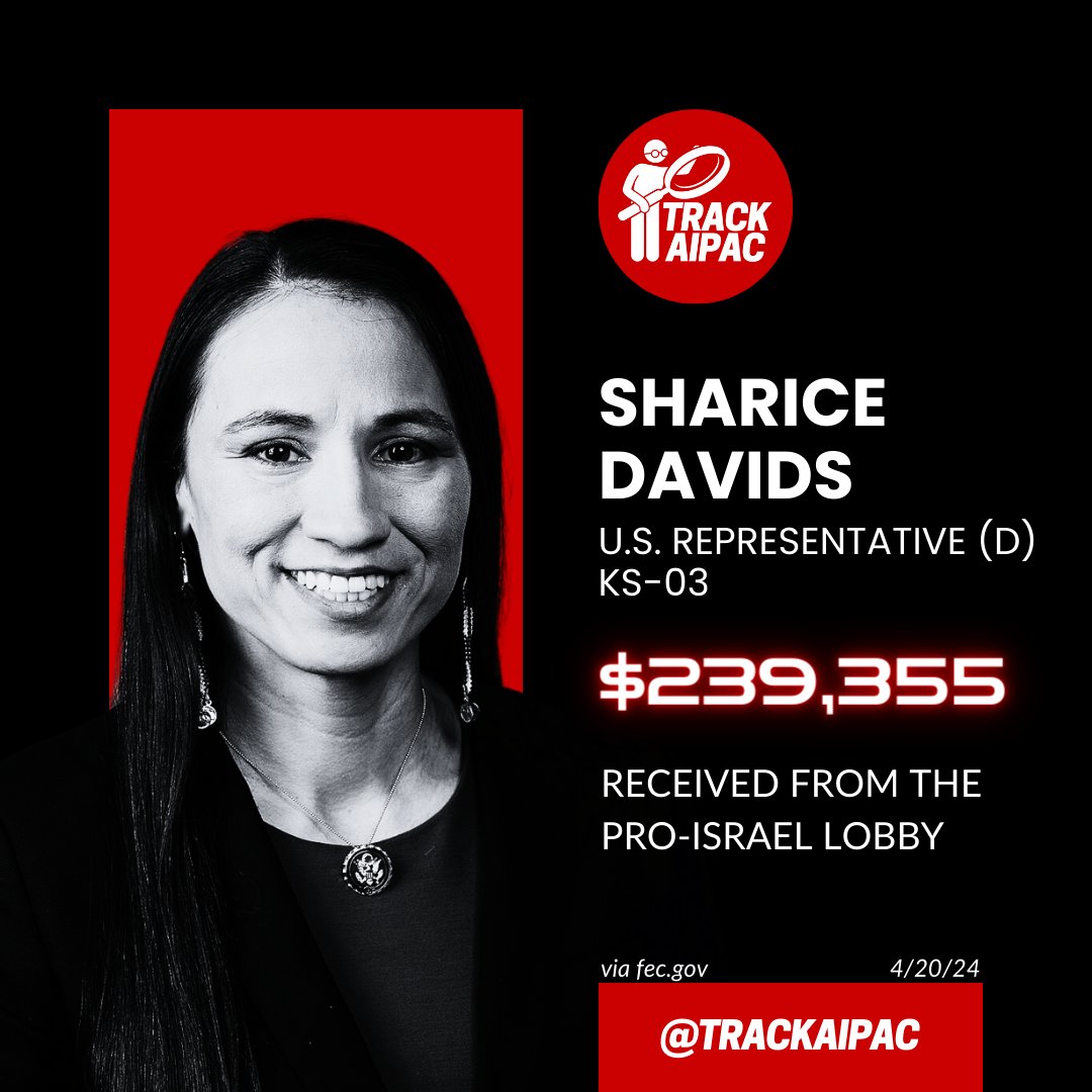 @RepDavids Sharice Davids has collected nearly $240,000 from the Israel lobby. She supports the continued bombing of the very people that are supposed to be receiving said humanitarian aid. She was an AIPAC sponsored candidate until the end of 2022. #CeasefireNOW #KS03