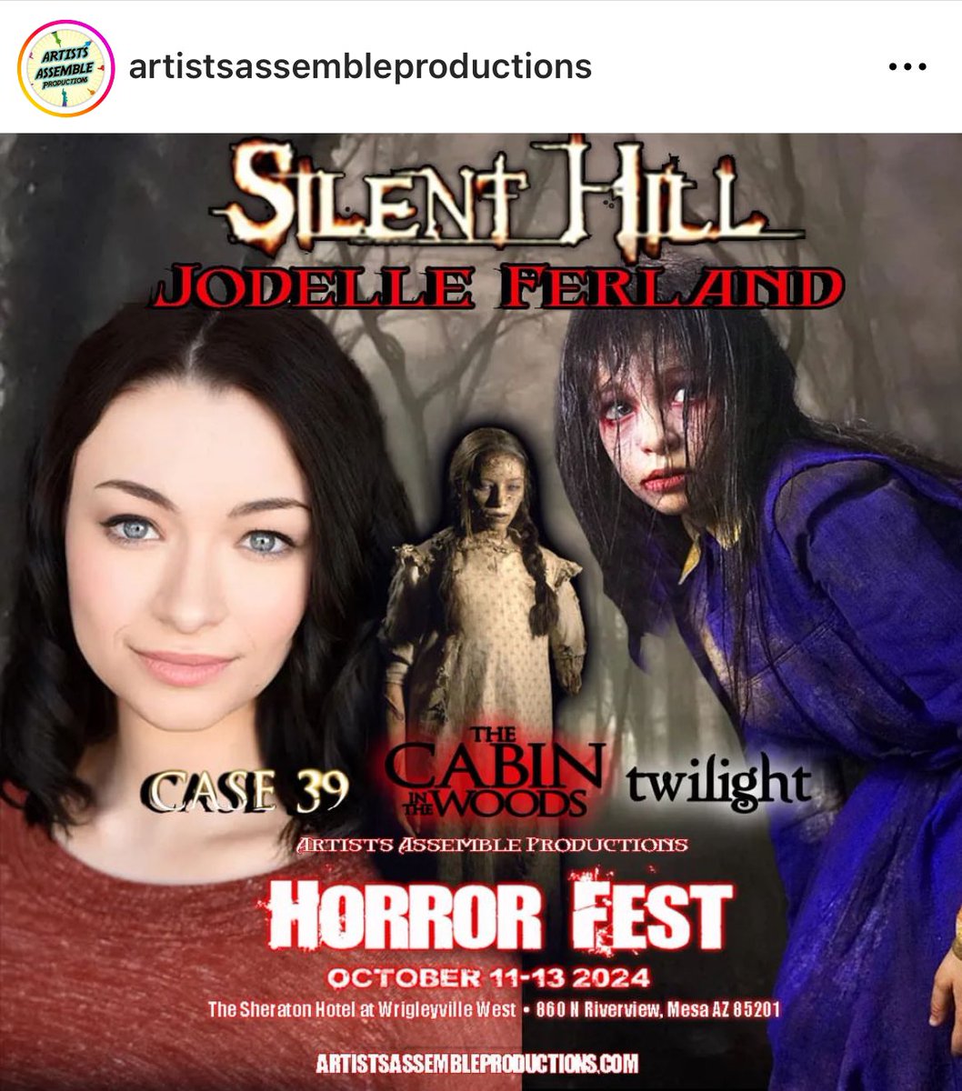 Hey #SilentHill , #Twilight #Cabininthewoods #Case39, and #DarkMatter fans @jodellemicah will be appearing at Horror Fest in Mesa Az Oct 11-13th, 2024. Go to artistsassembleproductions.com for ticketing details.