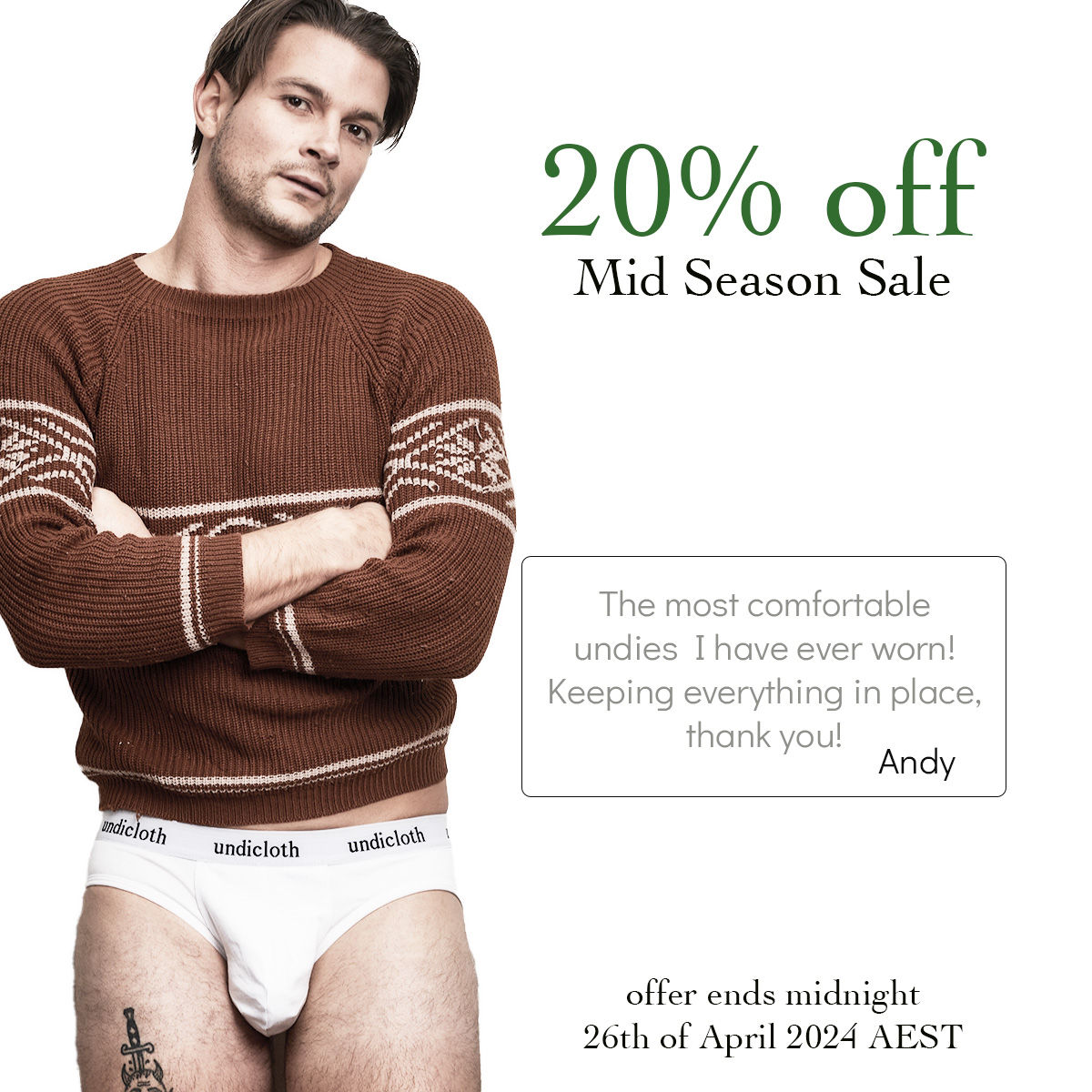 Don't Miss Out on our Mid Season Sale!!🙌🙌
Get 20% off Storewide until 26th of April 2024 AEST.
Discount will auto apply in checkout.

#undicloth #underwear #madeinaustralia #smallbusiness #sale #midseasonsale #undies