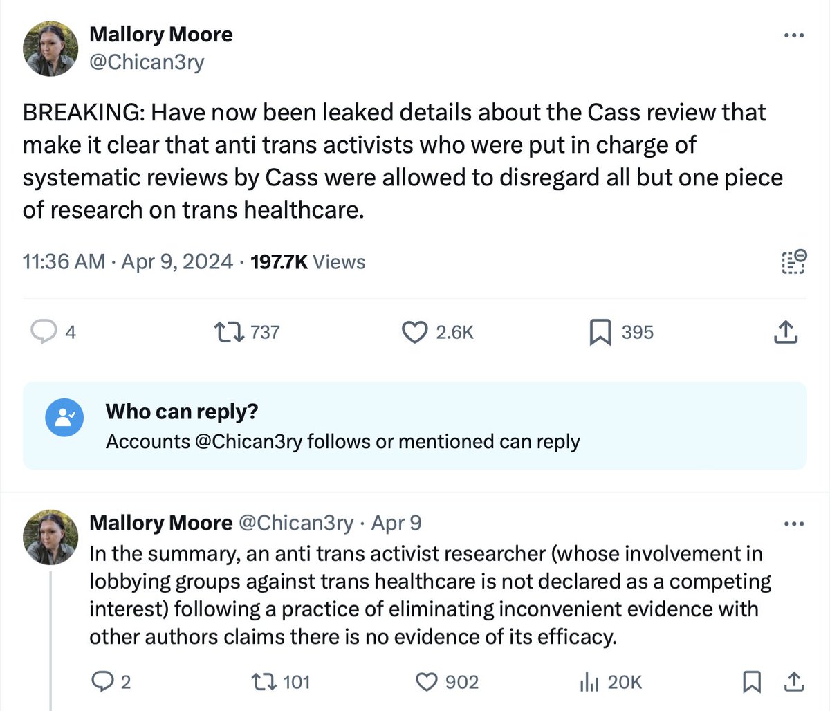 🚨Cass Review Misinformation Update🚨 Mallory Moore @Chican3ry actually beat Alejandra Caraballo @Esqueer_ by 2 hours in tweeting false claims about the Cass Review before it came out. But each of them shares responsibility for the subsequent misinformation storm. See 🧵⬇️