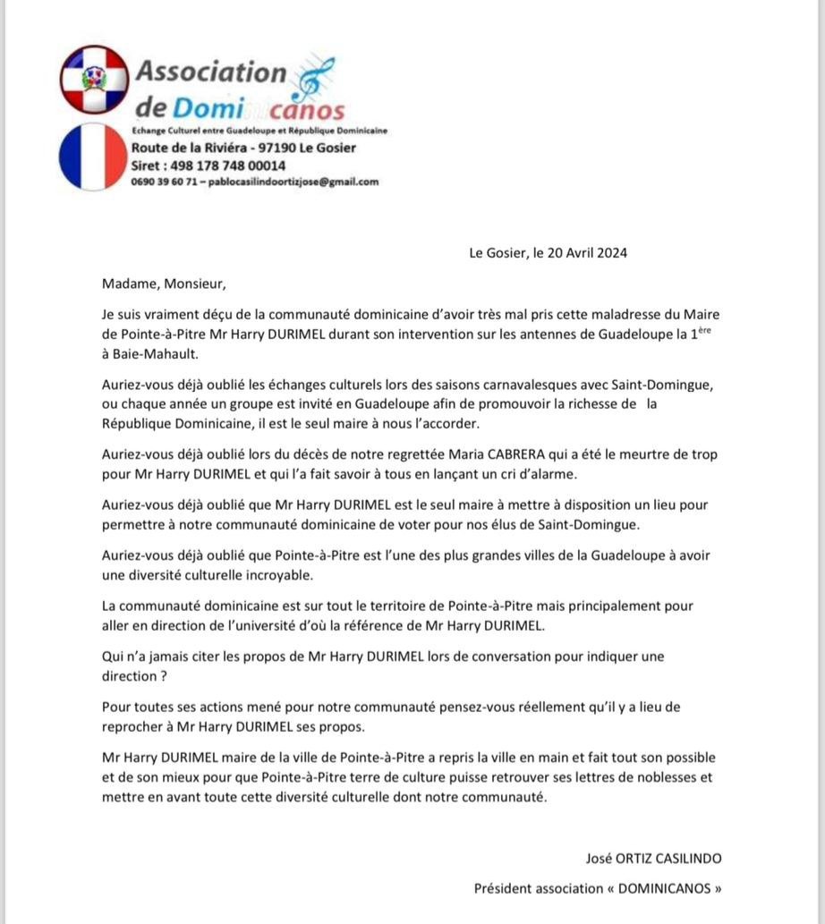 🇩🇴 #Guadeloupe : José Ortiz Casilindo, président de l'association « Dominicanos », se dit déçu de la communauté dominicaine. Pour l'homme, il n'y a pas lieu de reprocher quoi que ce soit au maire de Pointe-à-Pitre, Harry Durimel. Il rappelle que Harry Durimel « est le seul