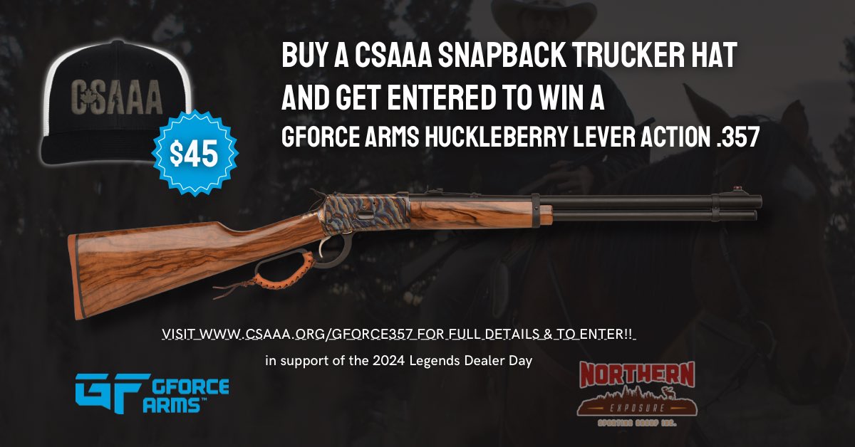 Purchase a CSAAA Snapback Trucker Hat and get entered to win a
GForce Arms Huckleberry Lever Action .357

Proceeds from this giveaway help protect, promote, and support Canada’s hunting and firearm industry, along with the small businesses that form its backbone.