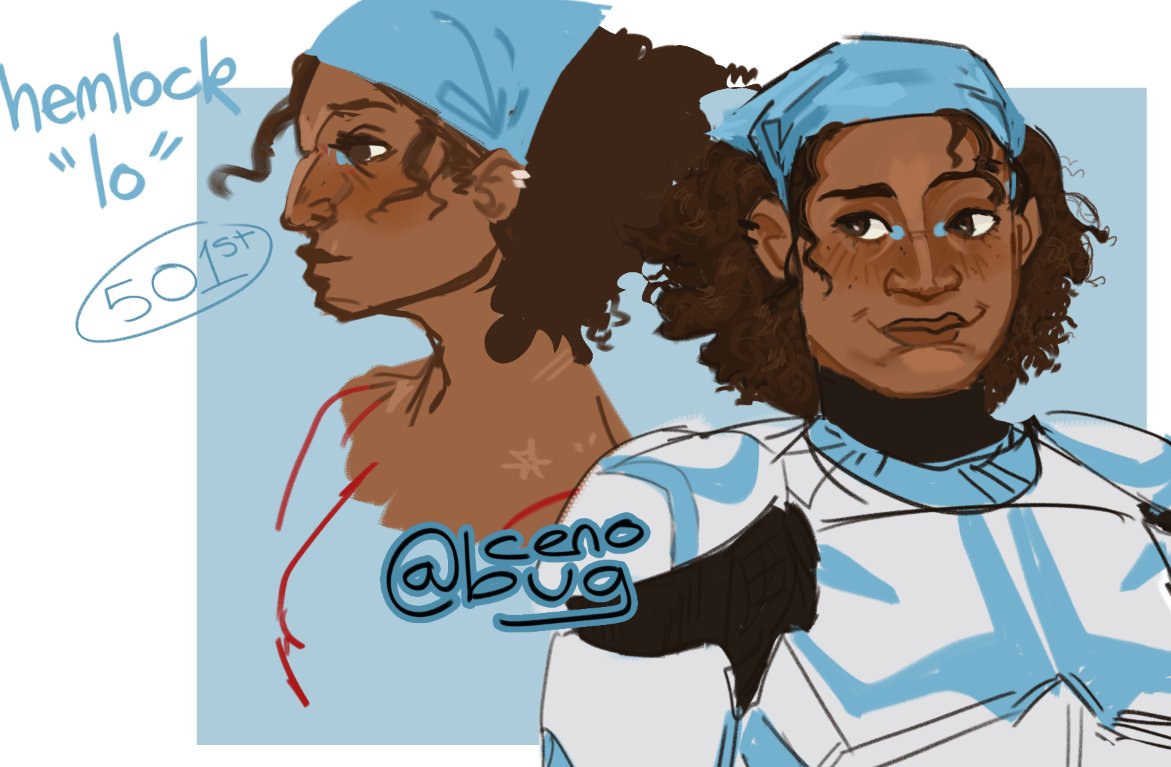 wip of a rework of my trans clone oc :,) her names hemlock (back off ROYCE i made her in 2020). she wnt from a digital + aviation communication technician > avionics technician > arc trooper aerial engineer and pilot. contemplating giving her a twin... but we'll see :} #swoc