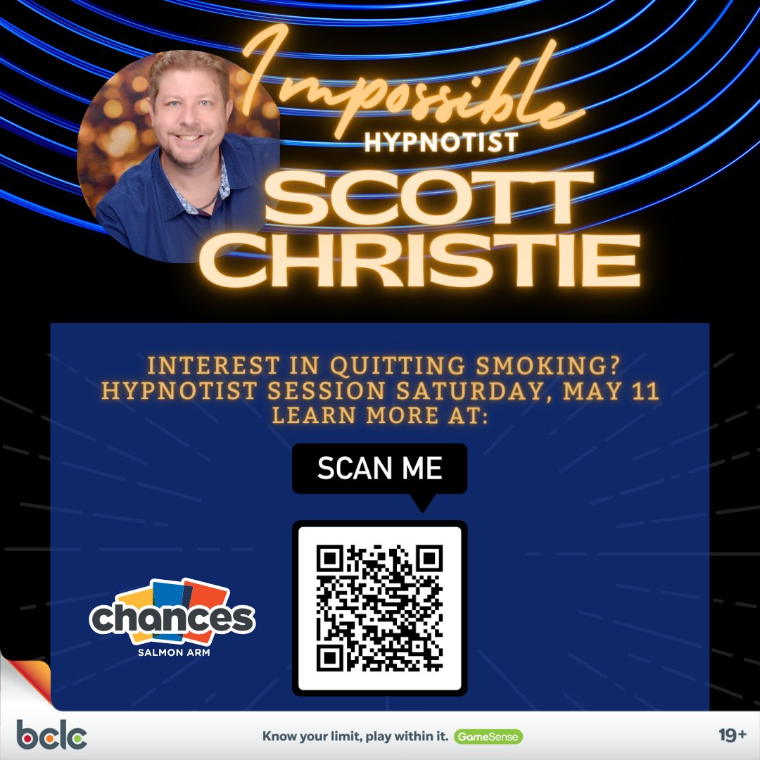 Mark your calendars for May 11th! 🗓️ Take the first step towards a healthier you by attending a life-changing hypnotist session with Scott Christie at Chances Salmon Arm. Say goodbye to cigarettes, and hello to a new beginning! #SmokeFreeLife #HypnosisHelps