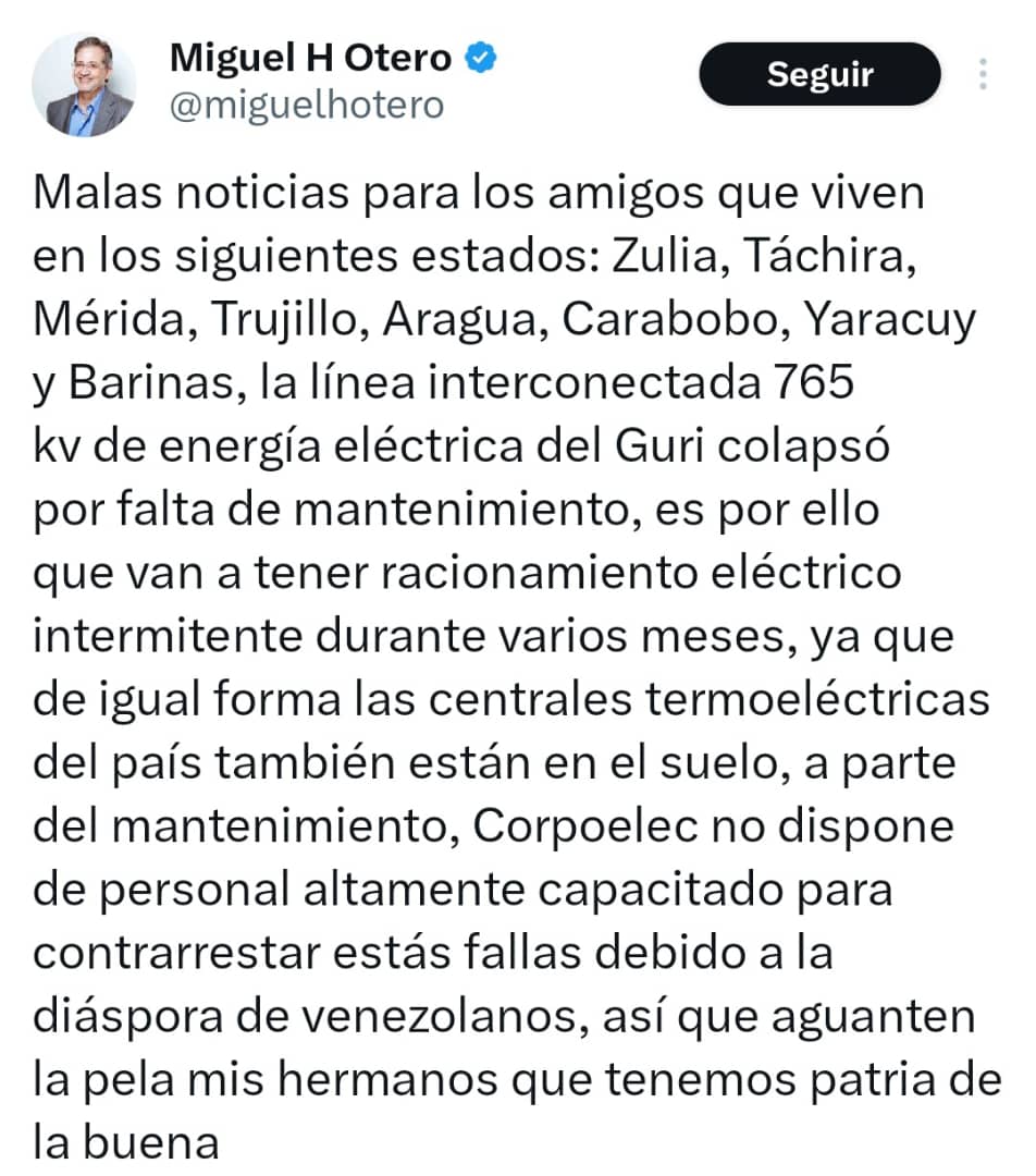 Que les parece esto ¿El líder negativo del Tren de las Sanciones @miguelhotero, está anunciando otro acto terrorista en contra del pueblo? La Central Hidroeléctrica del Guri no ha colapsado es falso. Ojo!! parece que se avecina un nuevo Plan contra la Patria @TarekWiliamSaab