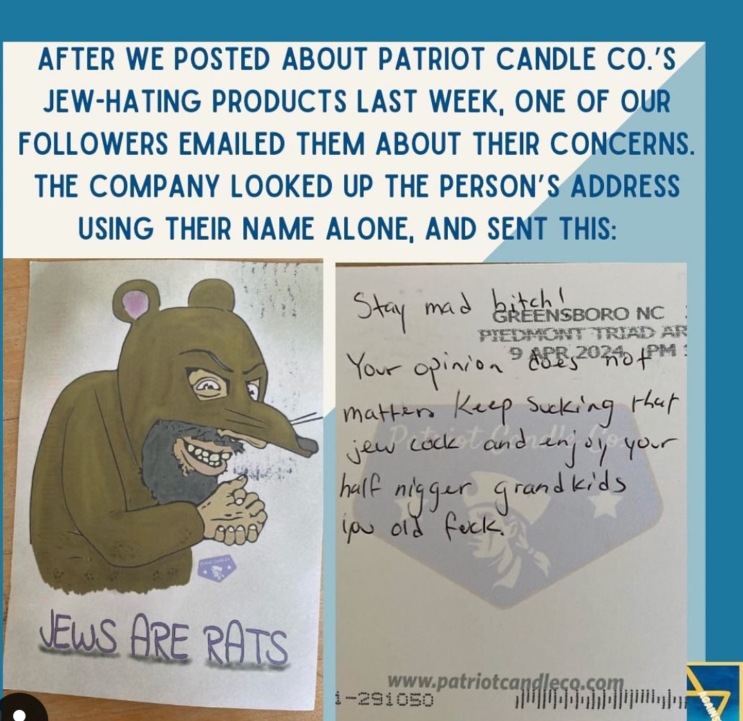 🚨 Candle Company’s Hate Crime. 📰 Physicians Against Antisemitism dragged this insidious company into the light. ⚠️ After a follower confronted them about their anti-Semitic products, Patriot Candle Co. retaliated with a vile, threatening letter now officially labeled a