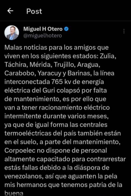 A confesión de Parte Relevo de prueba, Mosca señor Fiscal General @TarekWiliamSaab ponga el ojo en la publicación del señor opositor extremista Miguel H Otero, cada vez que ellos escriben tuits así es porque está planeado algo, ellos se echan paja solitos! #NoAlBloqueoCriminal