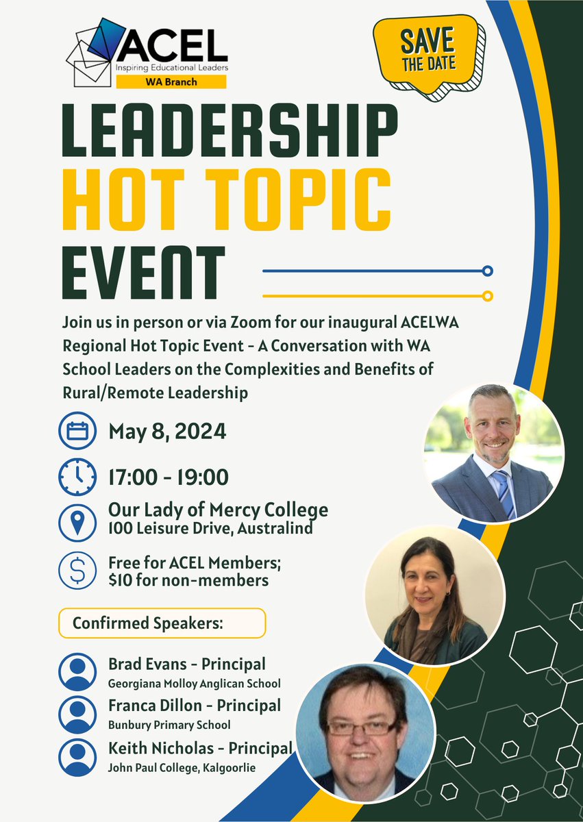 Add this amazing inaugural @ACELWA 'Regional Hot Topic Event' to your calendar so you don't miss out on hearing from leaders Brad Evans, @FrancaDillon & Keith Nicholas on the 'Complexities & Benefits of Rural/Remote Leadership'. Watch this space for a booking link coming soon!