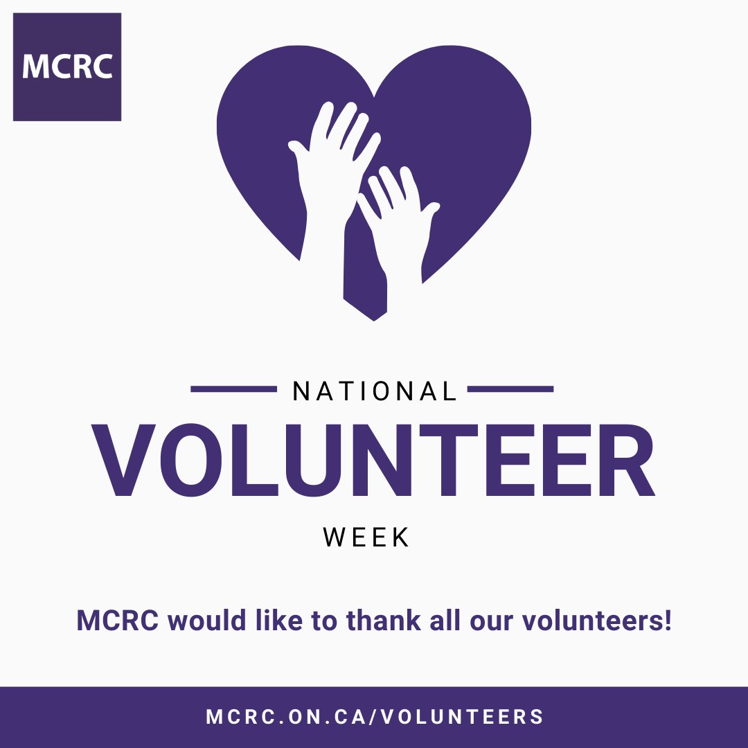 Happy National Volunteer Week to all of our volunteers, past and present.
MCRC has many volunteer opportunities available! For more information visit mcrc.on.ca/volunteers.

#NVW2024 #EveryMomentMatters
