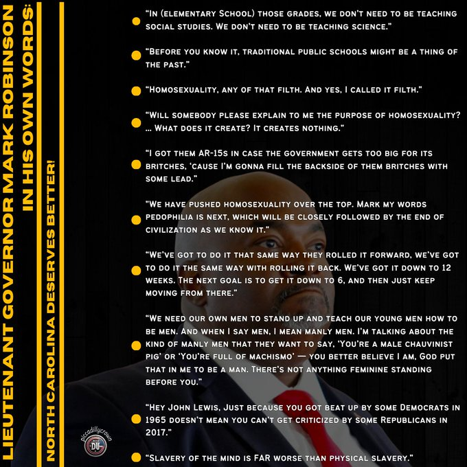 DUnitedGraphics's tweet photo. MAGA Republican Mark Robinson is the 35th Lt. Governor of North Carolina and wants to be Governor. 

He is against women, civil rights and the LGBTQ+ community. 

Read some of his comments and cringe. Use the meme to let people know who he is and Vote BLUE.

#DemsUnited https://t.co/KTwuMX8FQm