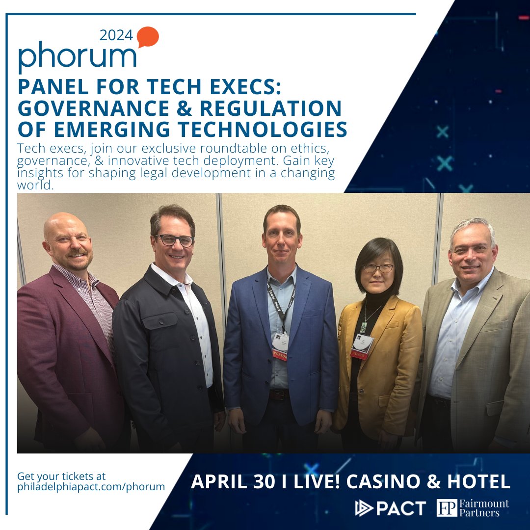 Tech leaders, mark your calendars for Phorum on 4/30! 🌐 Join our exclusive roundtable at @LiveCasinoPHL on 'Governance & Regulation of Emerging Technologies.' 🛡️ Explore policies, ethics, & strategies for governance at this exec-only roundtable. RSVP 👉🔗 bit.ly/3wtOmq0