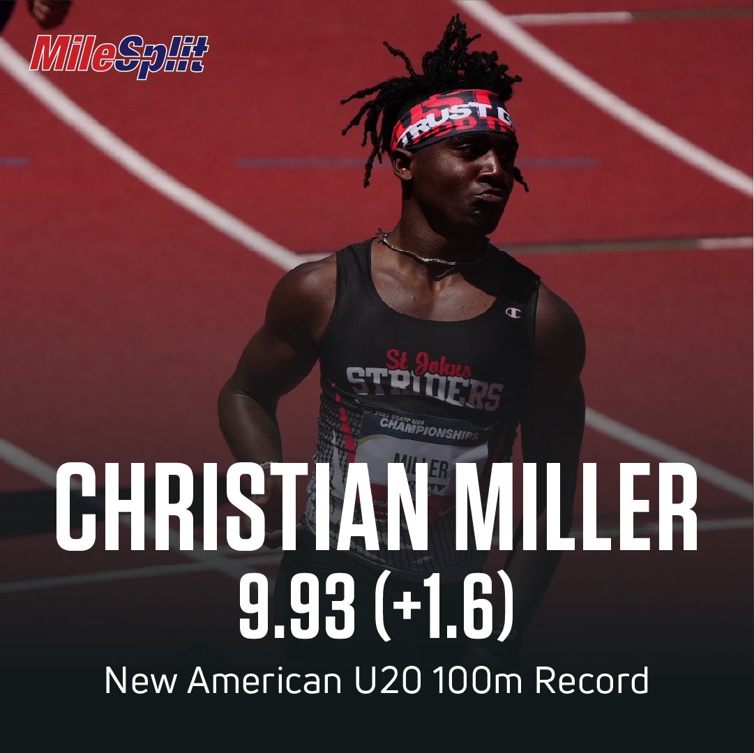 Christian Miller is THAT GUY! 😤 Miller, the Creekside (FL) star senior and @UGATrack signee, clocked an American U20 record in the boys 100m of 9.93 (+1.6) at the PURE Athletics Spring Invitational. That passes Trayvon Bromell, who held the previous record at 9.97 (+1.8).