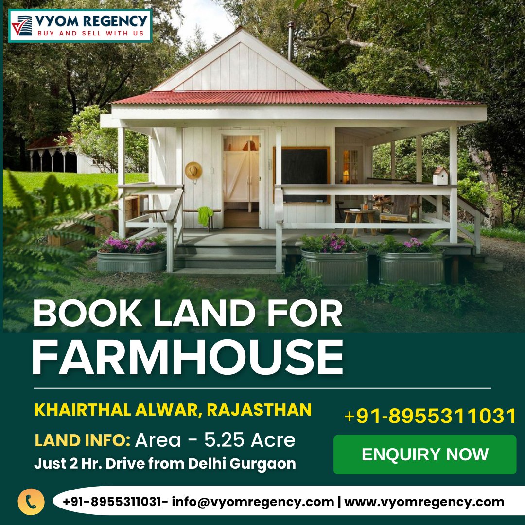 Invest in serenity with our farmhouse land in Khairthal, Alwar.

#Vyom_Regency_Private_Limited #farmhouse #homedecor #vintage #modernfarmhouse #farm #countryliving #farmlife #home #handmade #decor #homesweethome #farmhouseinspired #farmhouseliving #cottagestyle #shoplocal