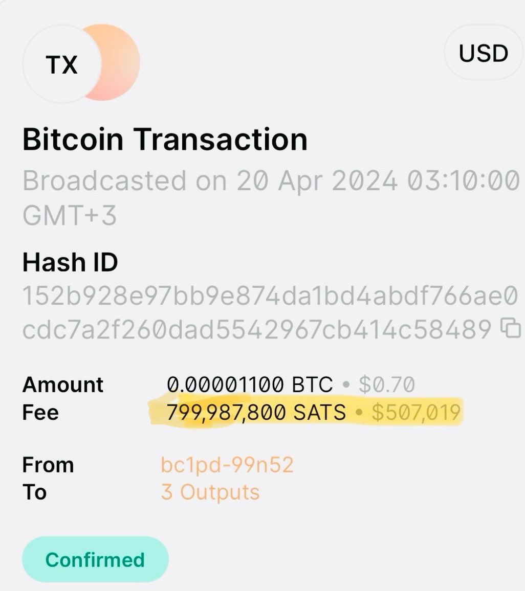 Someone just paid $507,000 in fees for a $0.70 transfer to be included in the #Bitcoin halving block. This seems unreal, doesn't it? 

What do you think about this?