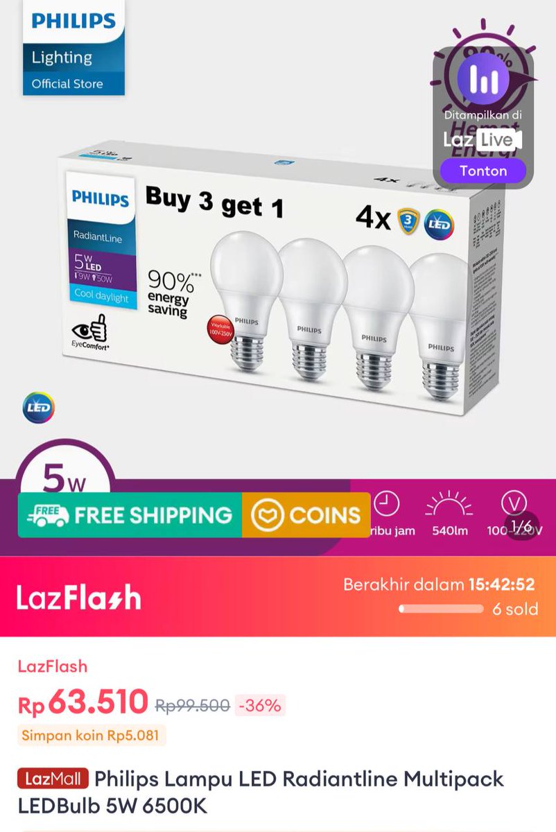 *[ LAZADA ]*
Philips Lampu LED Radiantline Multipack LEDBulb 5W 6500K 
racun.in/TB693