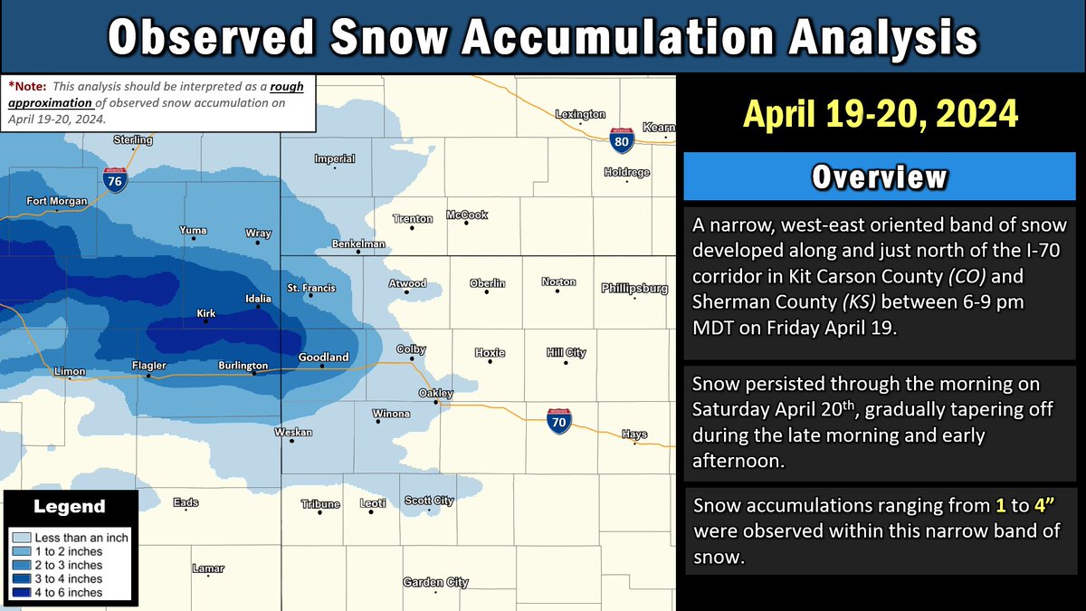 Observed snow accumulation across the Tri-State area on April 19-20, 2024. Refer to the attached graphic and accompanying ALT-TEXT for further info/details. #kswx #cowx #newx