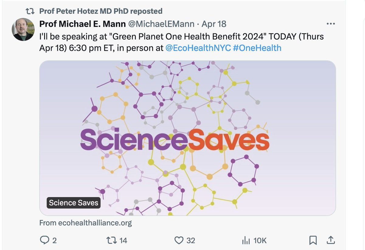 Wait, hold the f*ck up. Michael Mann (creator of the global warming 'hockey stick graph') spoke at an EcoHealth Alliance conference this week!? The same EcoHealth Alliance that laundered the money to the Wuhan Institute of Virology to create SARS-CoV-2. And Hotez reposted this!??