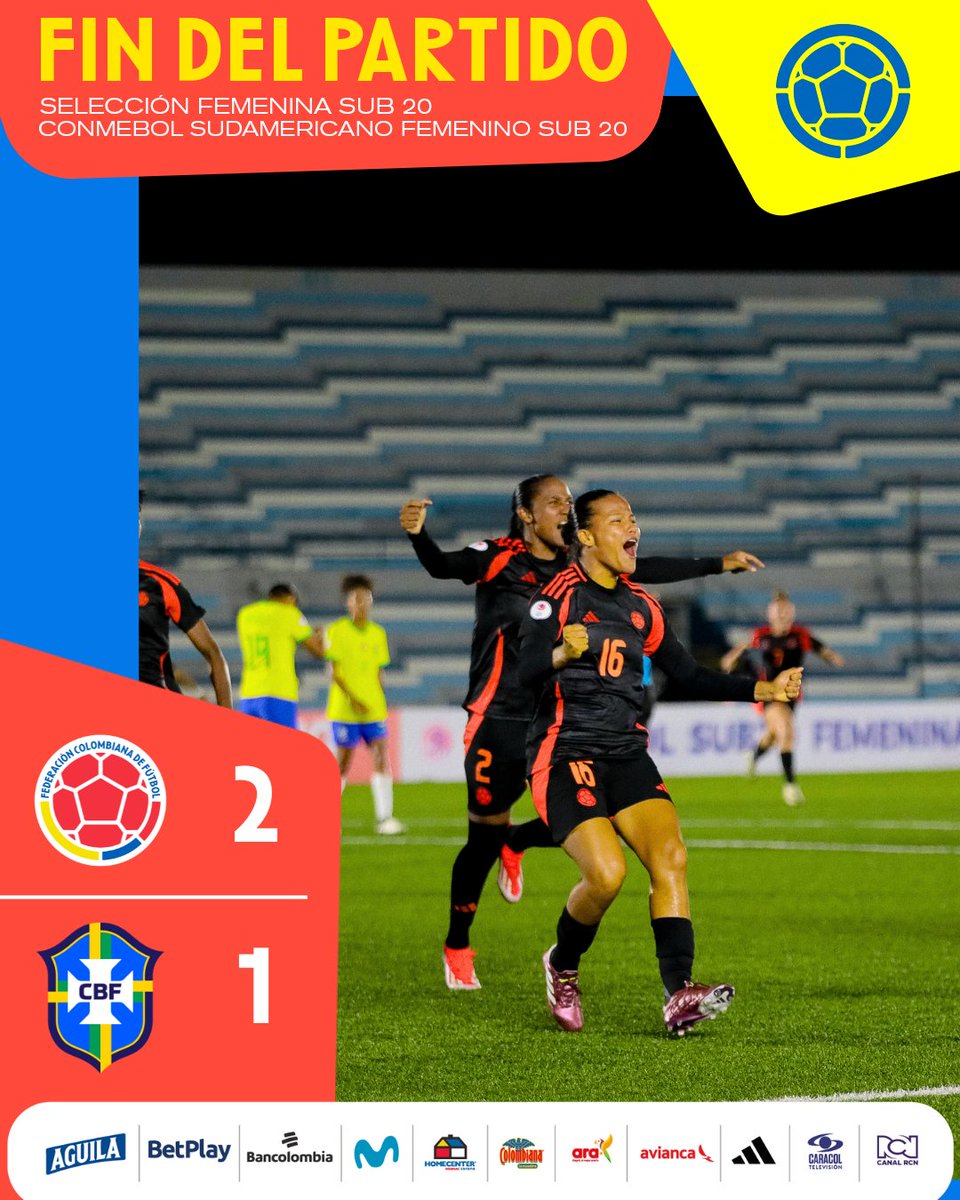 FCFSeleccionCol's tweet photo. ¡Victoria histórica de nuestra Selección Colombia Femenina Sub20 tras vencer a Brasil en el Sudamericano 2024! 

¡Vamos Colombia!

🇨🇴 2-1 🇧🇷

#TodosSomosColombia🇨🇴
#LaFemeninaNosUne🇨🇴 https://t.co/Lfg9tJFt8V