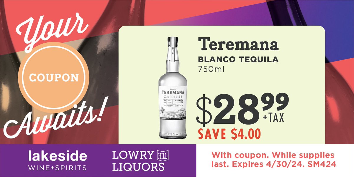 Save $4.00 on @teremana Blanco Tequila 750ml bottles throughout the month of April with this virtual coupon while supplies last! #teremana #blancotequila #tequila #shots #margarita #tequilacocktails #april #cheers
