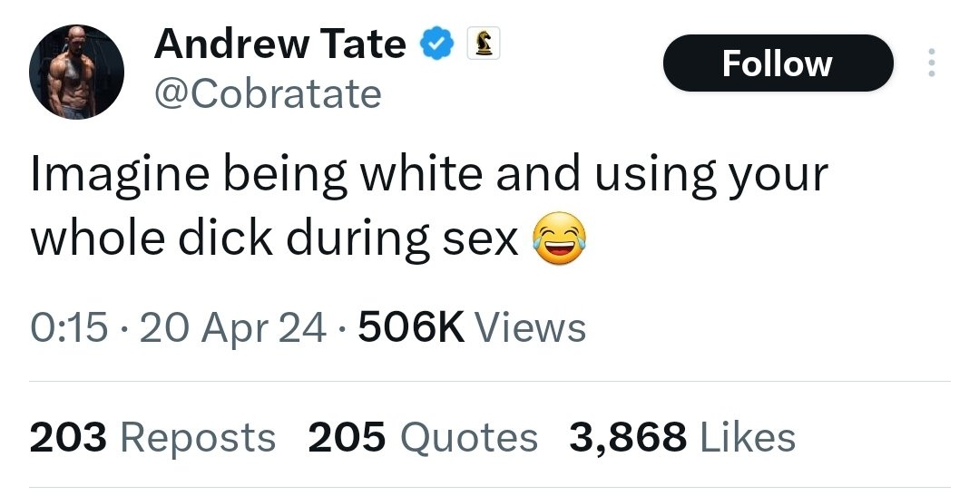 Tate's Faulty Dick Syllogism P1: (All) white (men) have small dicks P2: I am not white C: I have a big dick Even assuming P, C does not follow