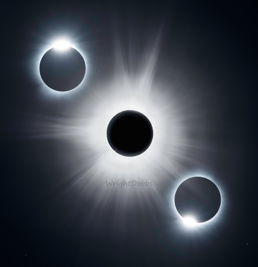 apod's tweet photo. When the dark shadow of the Moon raced across North America on April 8, sky watchers along the shadow's narrow central path were treated to a total solar eclipse. During the New Moon's shadow play diamonds glistened twice in the eclipse-darkened skies. The transient celestial jewels appeared immediately before and after the total eclipse phase. That's when the rays of a vanishing and then emerging sliver of solar disk are just visible behind the silhouetted Moon's edge, creating the appearance of a shiny diamond set in a dark ring. This dramatic timelapse composite from north-central Arkansas captures both diamond ring moments of this total solar eclipse. The diamond rings are separated by the ethereal beauty of the solar corona visible during totality.

Image Credit & Copyright: Wright Dobbs