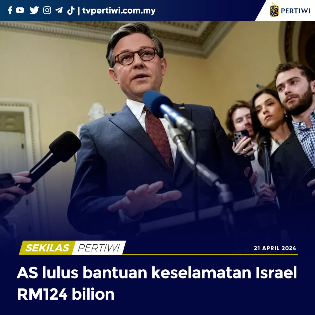 numanmazlan's tweet photo. Dewan Perwakilan Amerika Syarikat (AS) meluluskan bantuan keselamatan kepada Israel bernilai AS$26 bilion (RM124 bilion).

Pakej perundangan itu diluluskan dengan undian 366-58, menyaksikan 37 wakil Demokrat dan 21 wakil Republikan membangkang peruntukan itu. https://t.co/CpAyz5lSur