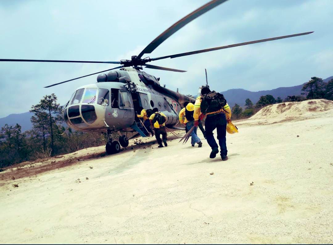 Las brigadas de @COESFO_GobOax @CONAFOR con el apoyo aéreo de @SEDENAmx combaten incendios activos en nuestro territorio. En San Miguel Chongos se desplegaron brigadas interinstitucionales para combatir la conflagración.