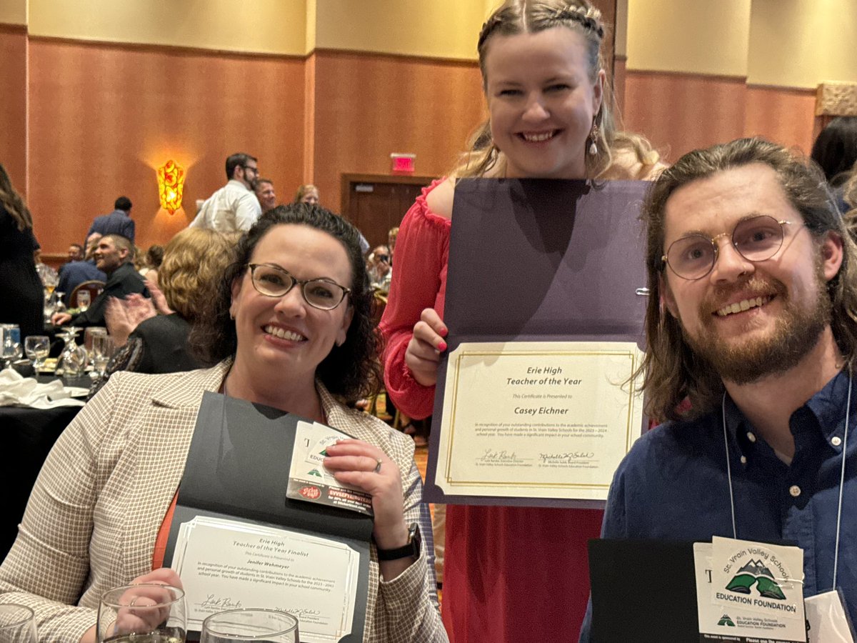 Congratulations to Mr. Miller, Mrs. Wehmeyer, &amp; Mrs. Eichner on their recognition at tonight’s <a href="/SVVSFoundation/">St. Vrain Valley Schools Foundation</a> Tribute to Teachers event!  Mrs. Eichner is this year’s teacher of the year for <a href="/ErieHighSchool/">Erie High School</a>