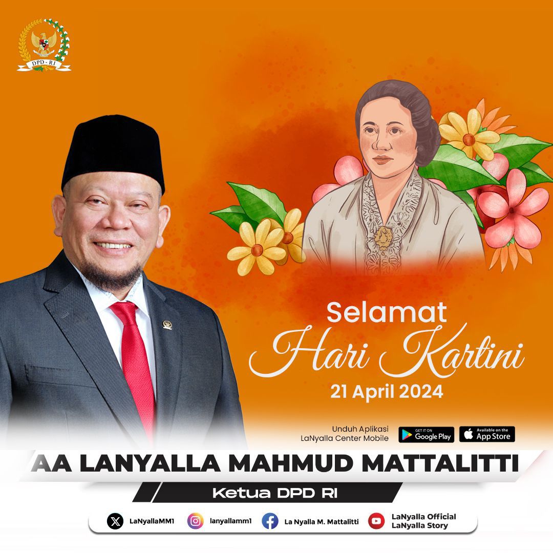 Selamat memperingati Hari Kartini untuk para wanita Indonesia. Semoga senantiasa berprestasi dan penuh semangat.

#LaNyalla #dpdri #ketuadpdri #harikartini #harikartini2024