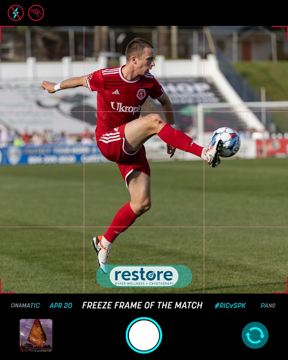 Always there to build the attack from the right side 💪 Richmond's own, Simon Fitch, playing the ball in midair is your @restoredomore Freeze Frame of the Match! 📸: @jshfoto