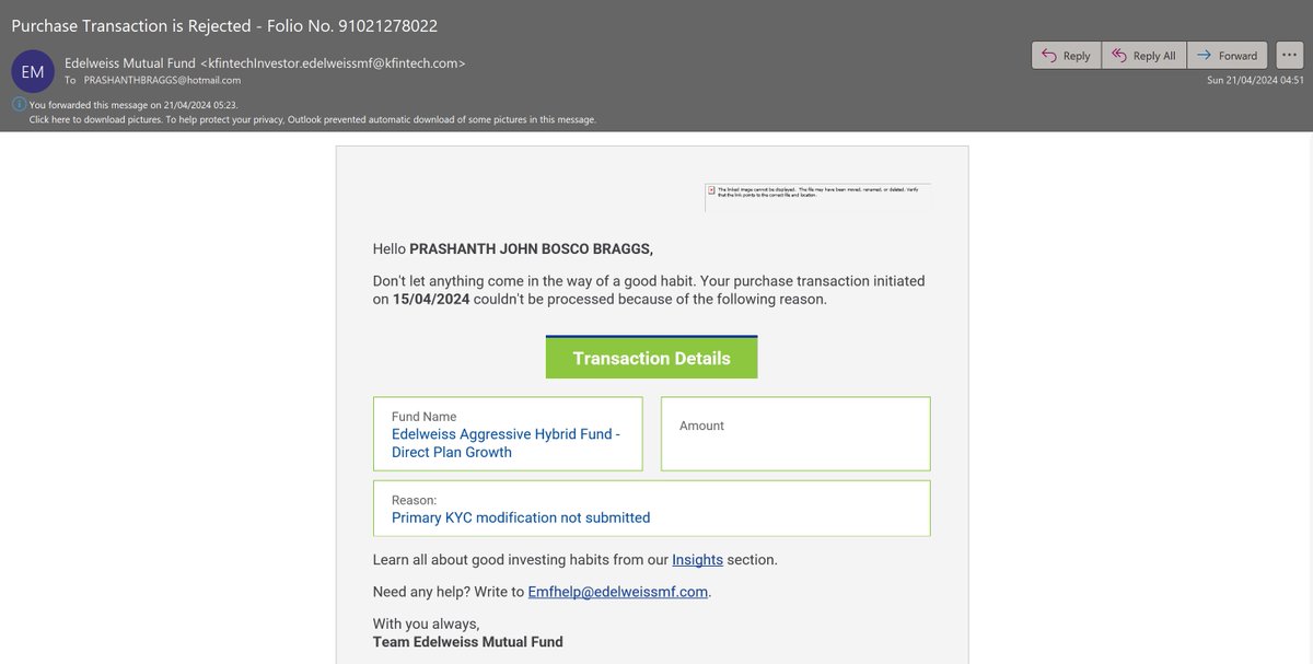 PRASHANTHBRAGGS's tweet photo. Why you should not invest with @EdelweissMF  @iRadhikaGupta ... Receive funds on 15th... no response to chasers / complaints and weekend receive comms of rejection due to modificiation of KYC above SEBI KRA guidelines.  Funds still not returned. #CustomerExpeirence #ProcessFail https://t.co/BQ4HmEdj48