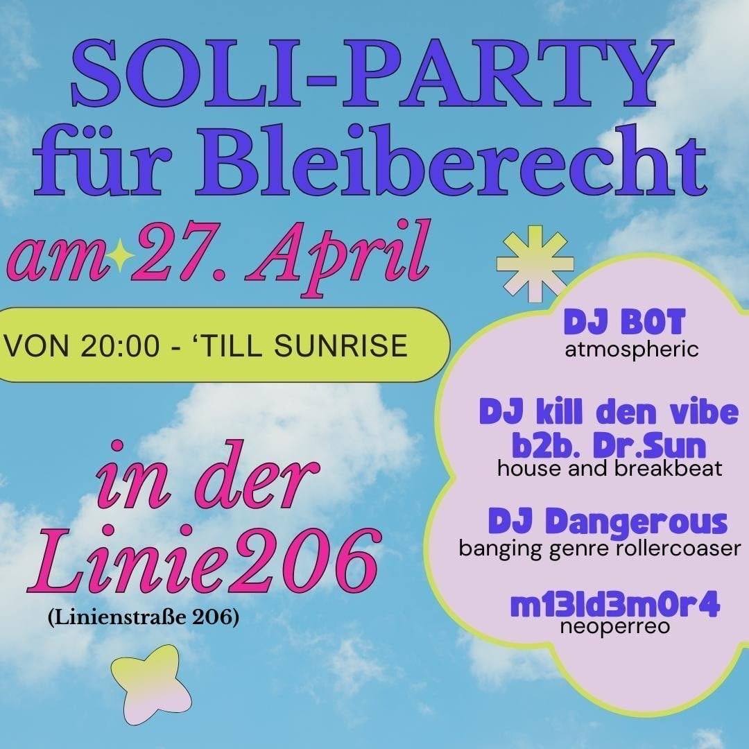 With loud bass &amp; sweet music - in good company and with cool drinks against the German authorities! We need money for friends' right to stay and want to celebrate with you! 💕