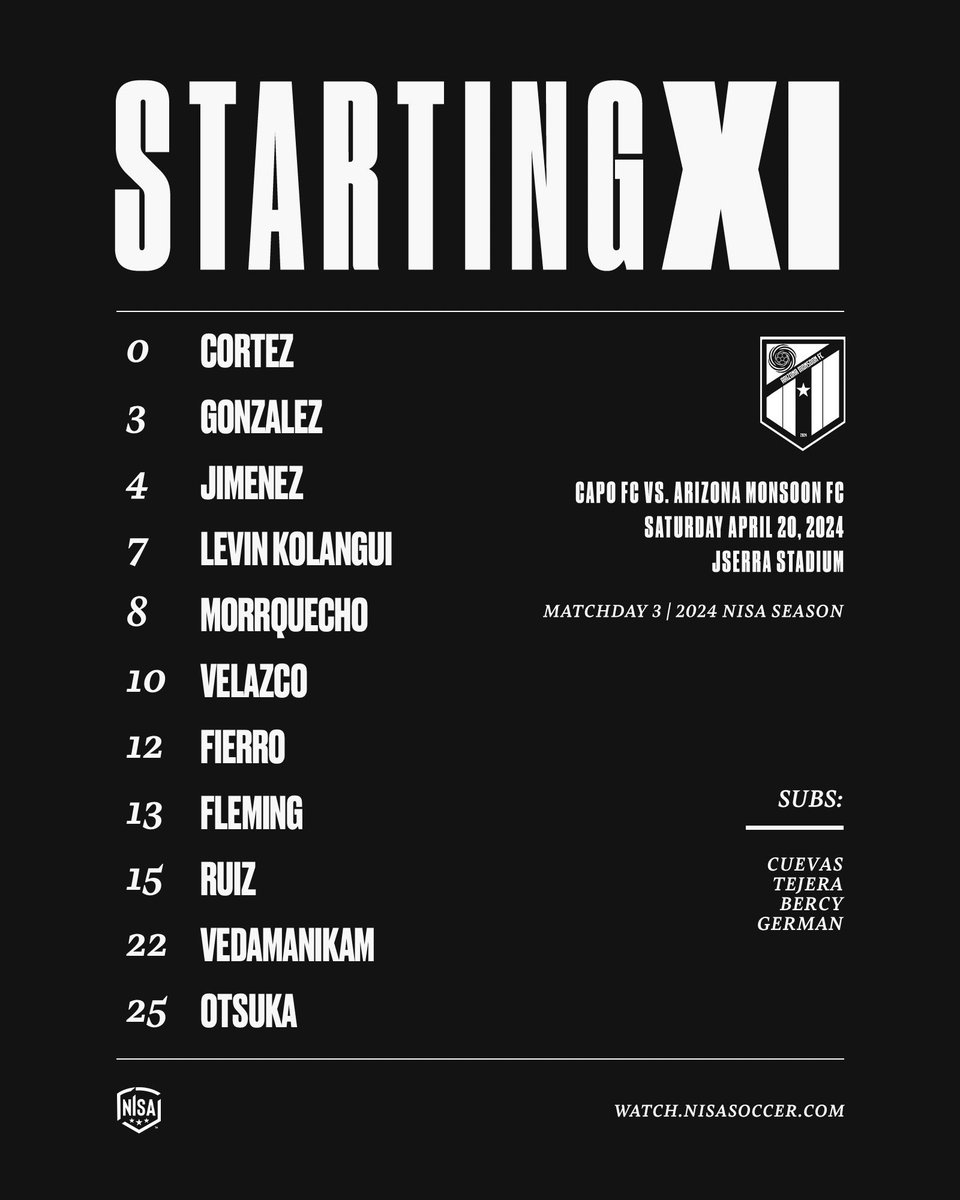 Starting XI 👊 @capistrano_fc v. @Arizona_Monsoon