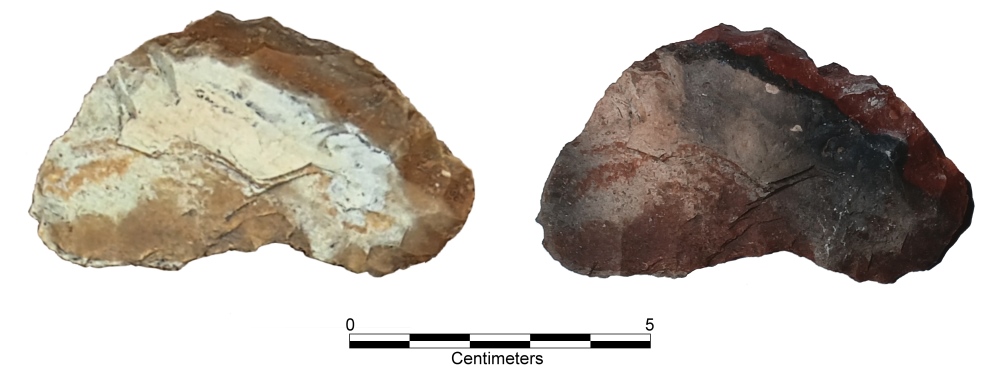 Thermal alteration pebble 4: Citronelle Formation (Left) brown gravel chert biface with white cortex & near-cortex & (Right) post-heat treating red & pinkish-gray color change. No apparent luster change. #archaeology #Flintknapping