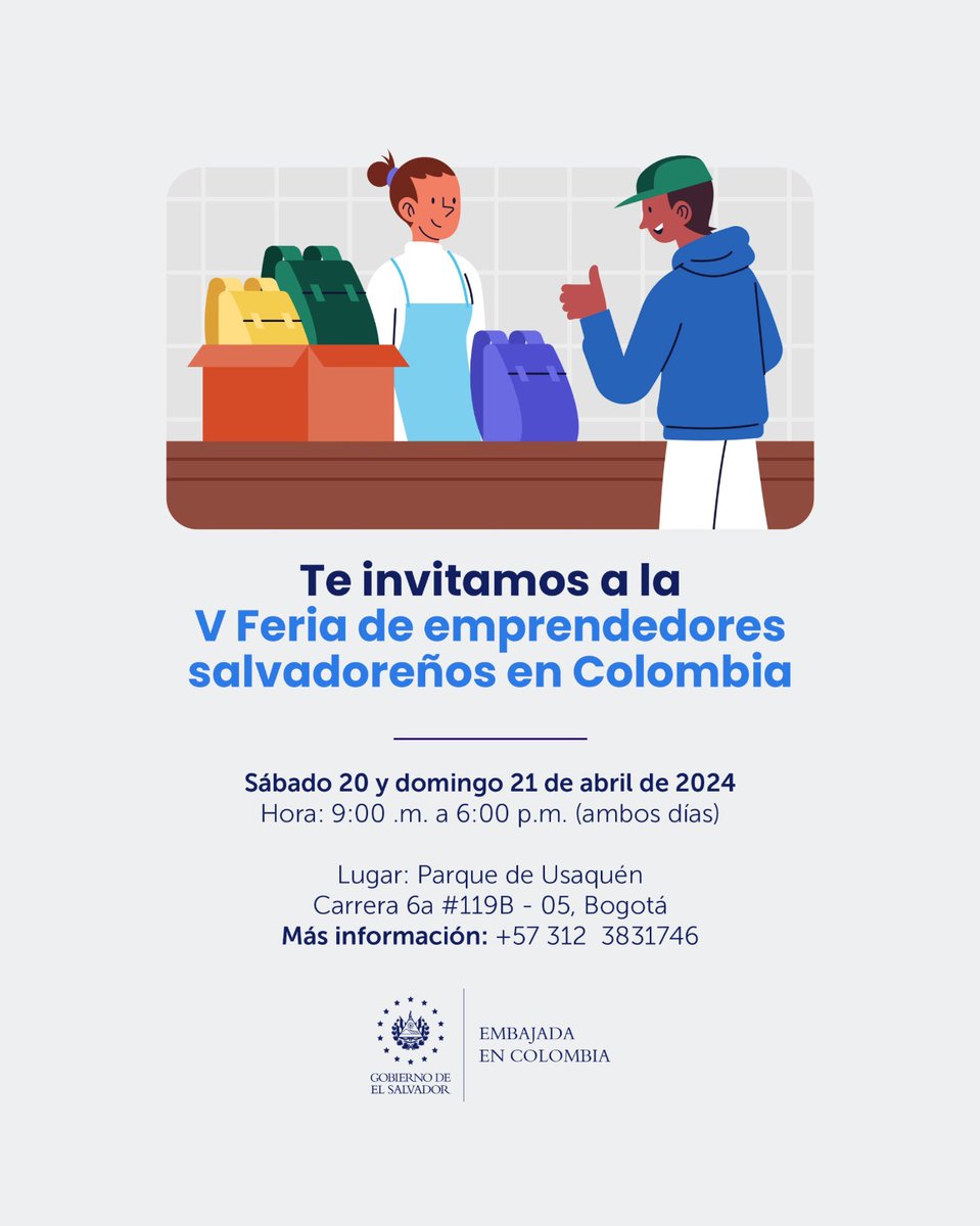 ESAenSuramerica's tweet photo. Mañana, domingo 21 de abril, seguiremos con la V Feria de Emprendedores Salvadoreños en Colombia. 🇸🇻
Visítanos para disfrutar de la gastronomía, cultura y tradiciones de El Salvador.
Estaremos ubicados en:
📌 Parque de Usaquén
🗺️ Carrera 6a #119B - 05, Bogotá
Más detalles: 👇🏼 https://t.co/4cABQTFpnY