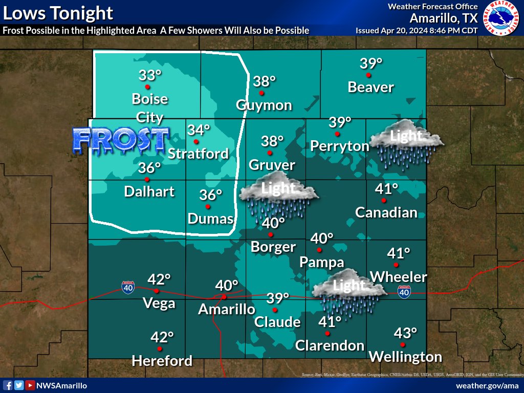 Lows tonight are expected to range from the lower 30's in the northwest to the lower 40's in the south.  Frost will be possible in the northwest.  A few showers will also move from northwest to southeast. #phwx #txwx #okwx