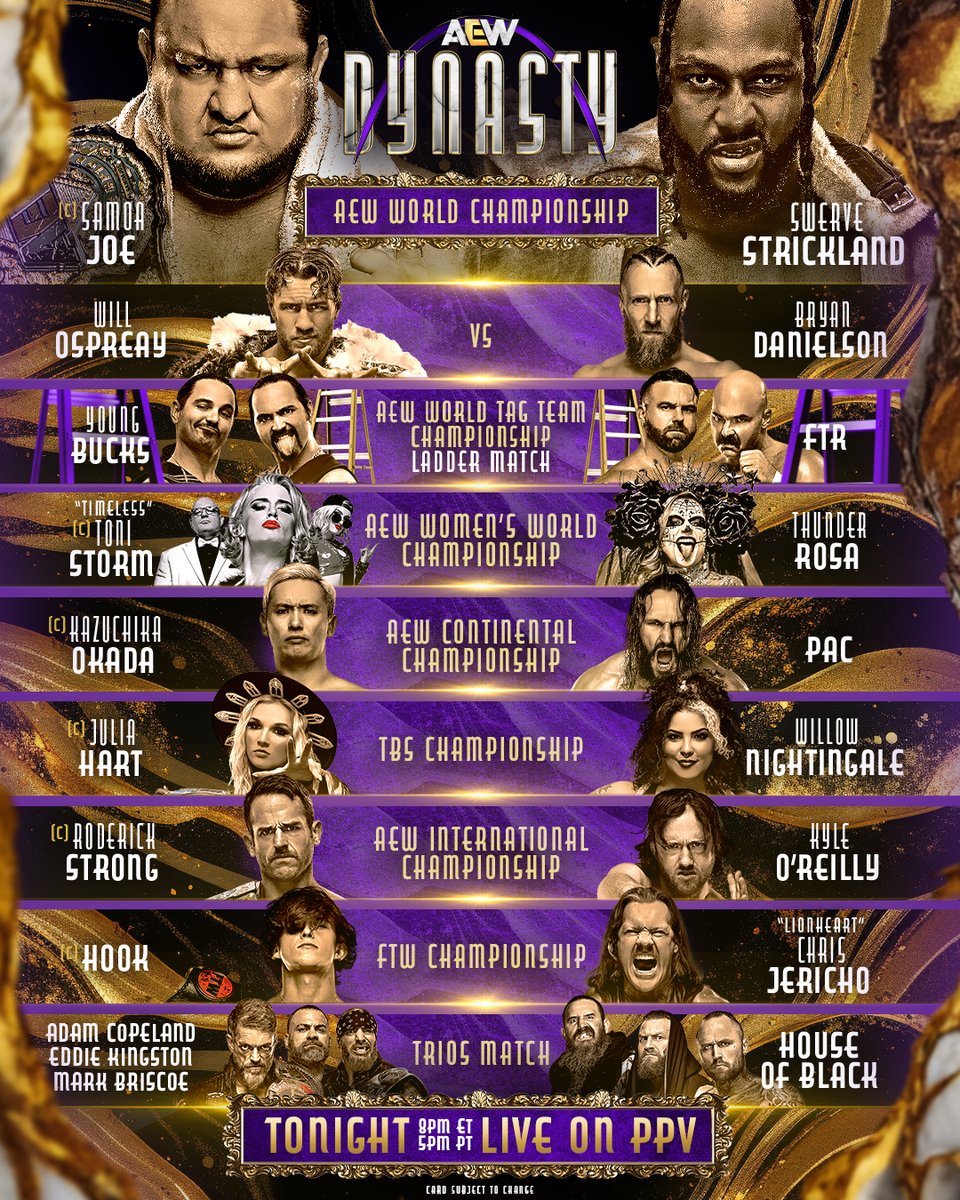 Watch #AEWDynasty LIVE on PPV TONIGHT at 8pm ET/5pm PT! 🔗 allelitewrestling.com/watchaewdynasty 📺: Cable & Satellite 📱: @BleacherReport | @YouTube | @FiteTV | @PPV_com 🍺: Select @DaveandBusters @WatchAtToms locations